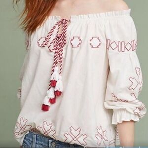 Harlyn Anthro Farina Embroidered Flowy Cotton Boho peasant tassel blouse XX